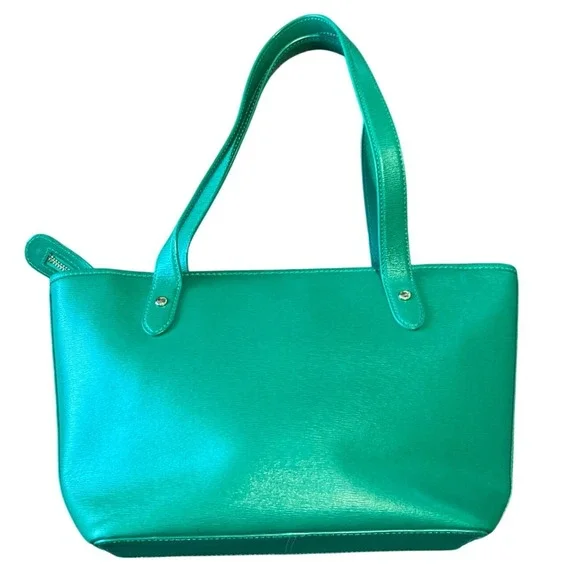 Lauren Ralph Lauren Green Textured Faux Leather Tote Bag Zip Top RL Charm - Picture 4 of 8